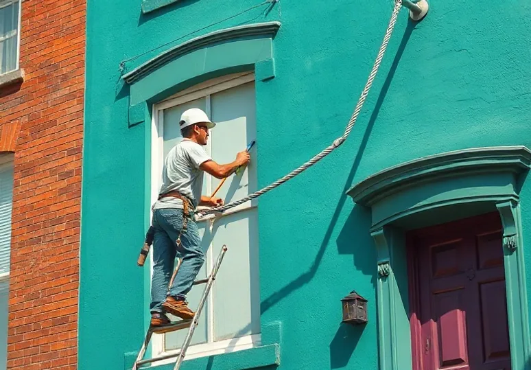 Peintre sur échafaudage traitant la façade d'une maison