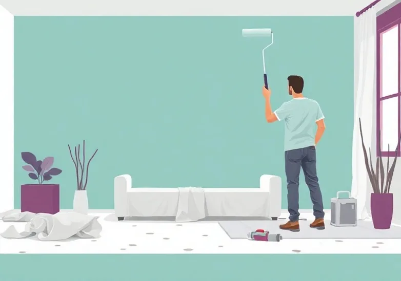 Peintre appliquant la peinture au rouleau sur un mur de salon